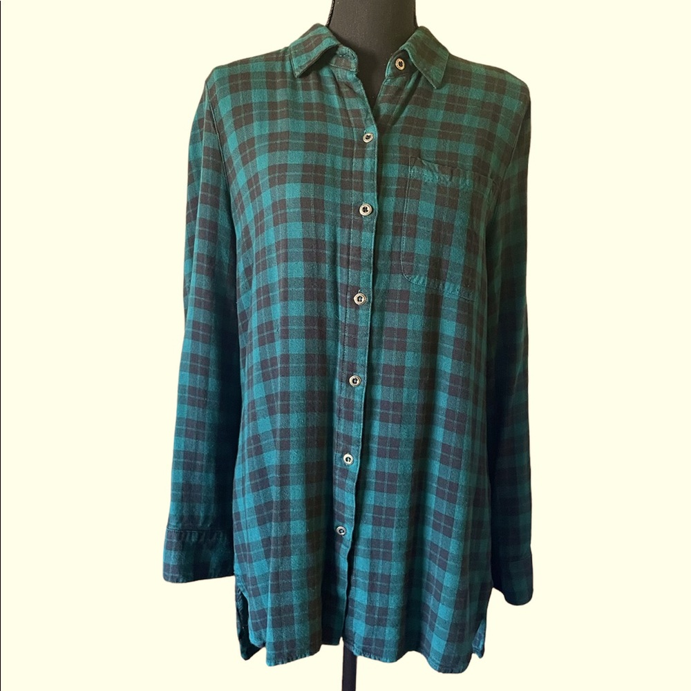 SALE THRU 8/14-  Kenneth Cole Green Plaid long blouse